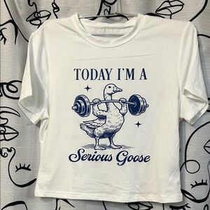 White Graphic Tee with Serious Goose Print